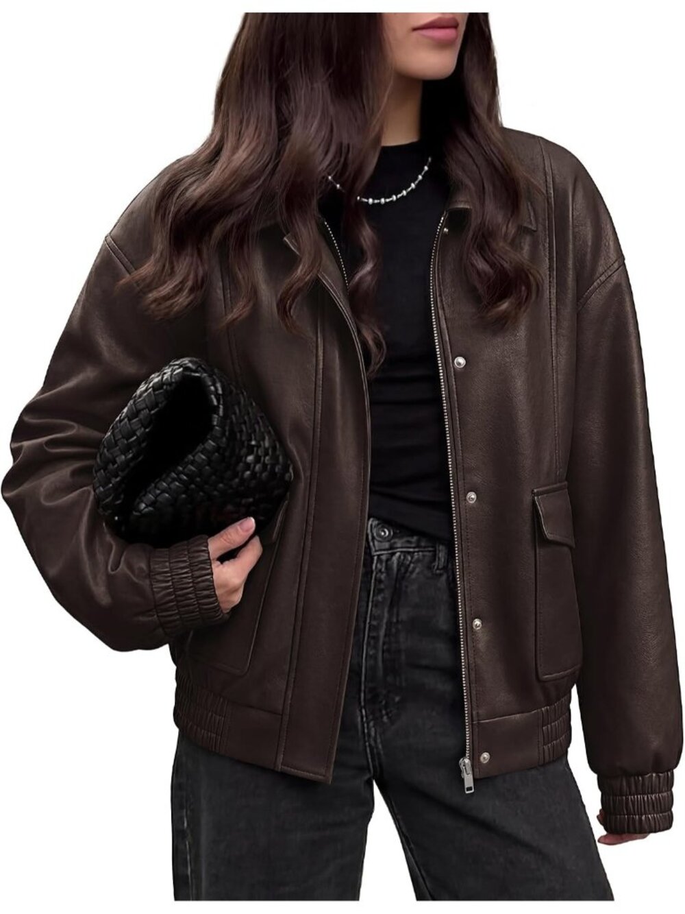 Women's Dark Brown Faux Leather Fall Clothes Long Sleeve Jacket Snap and Zipper